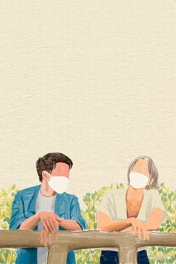 Couple with mask background in the new normal color pencil illustration