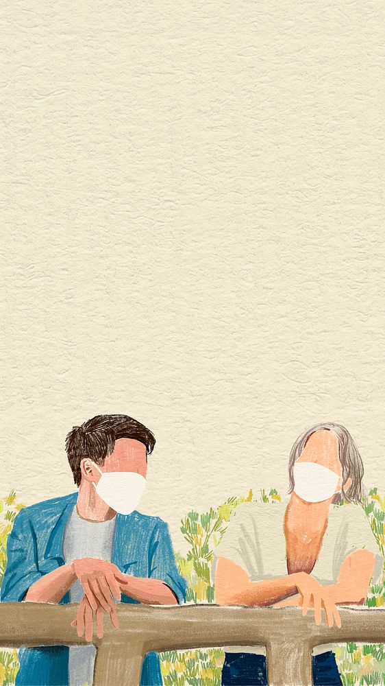 Masked couple mobile wallpaper in the new normal color pencil illustration