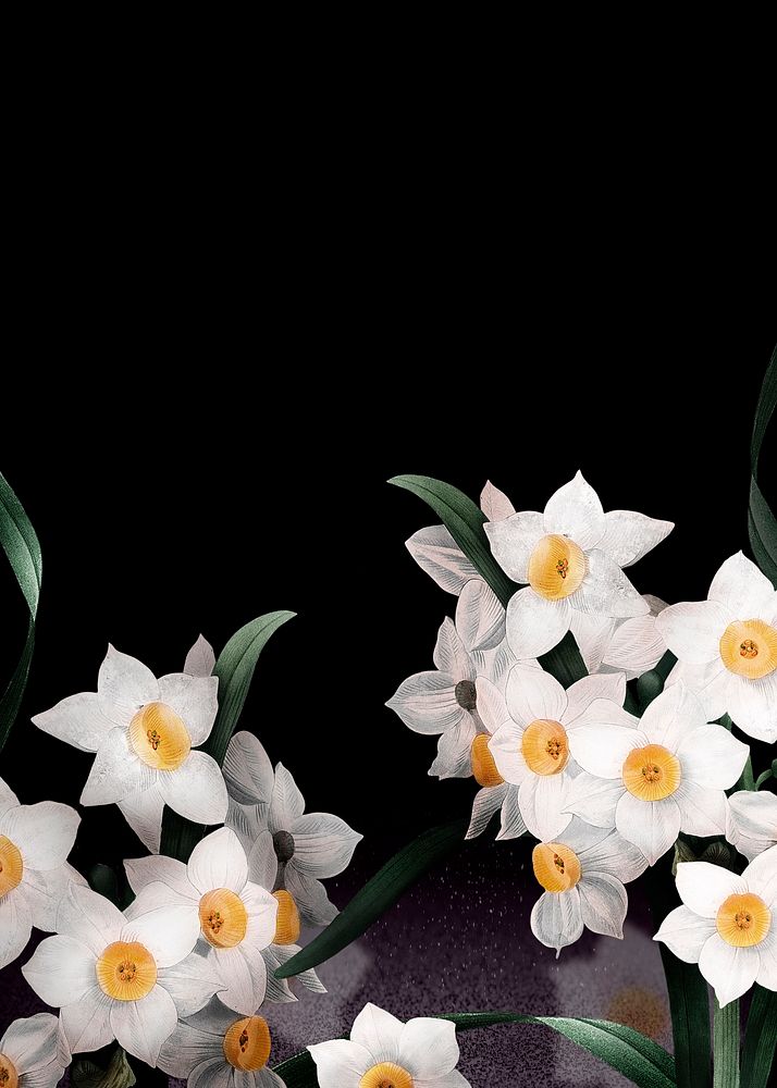 Floral wedding card with daffodil border on black background