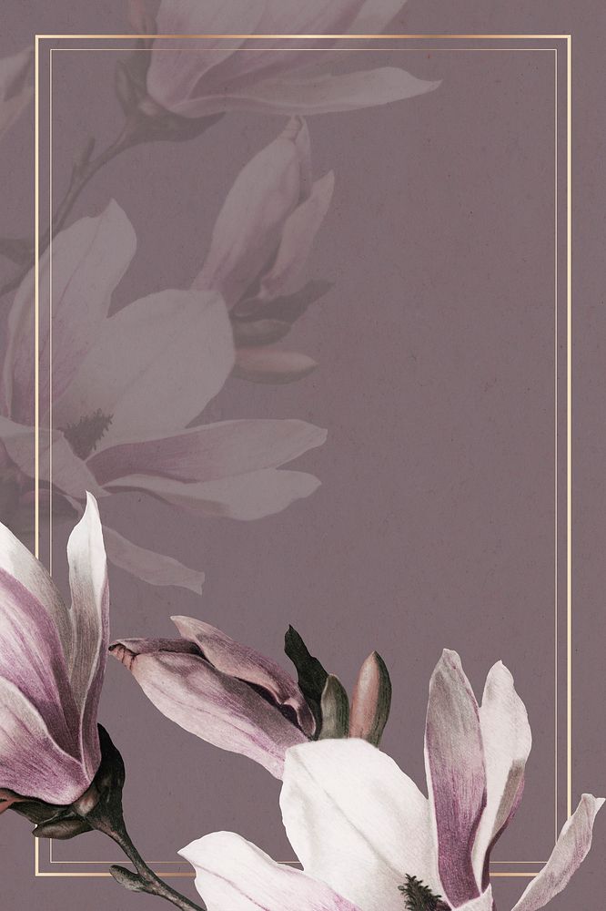 Gold frame with magnolia border on purple background