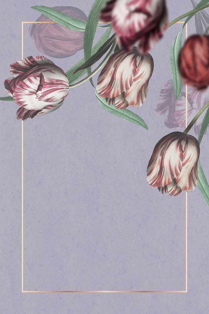 Tulip border frame on purple background
