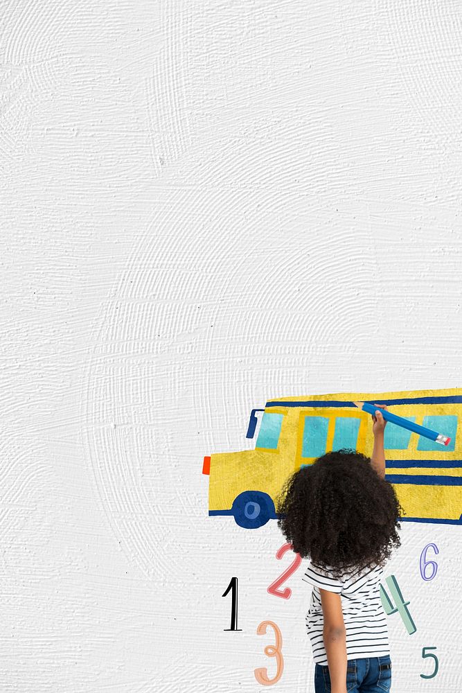 Grade school education background with student drawing a school bus