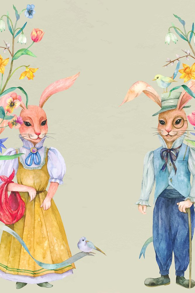 Vintage Easter bunny background vector in the garden 