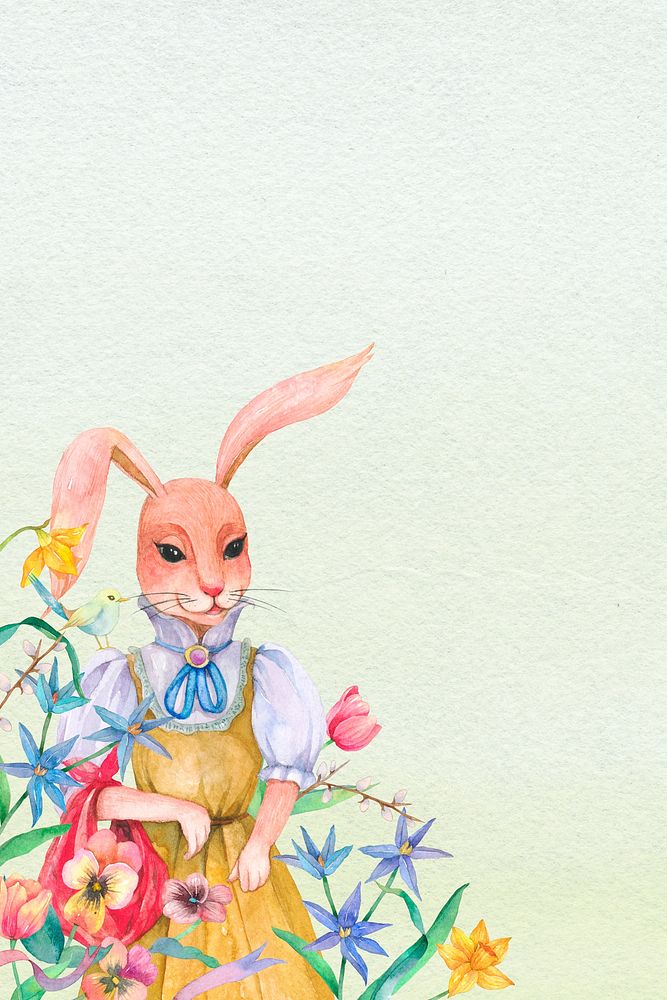 Beautiful Easter bunny background collecting flowers in the garden