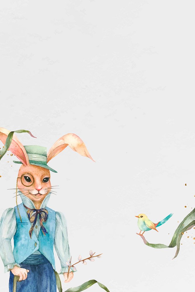 Easter bunny background vector with little bird in watercolor