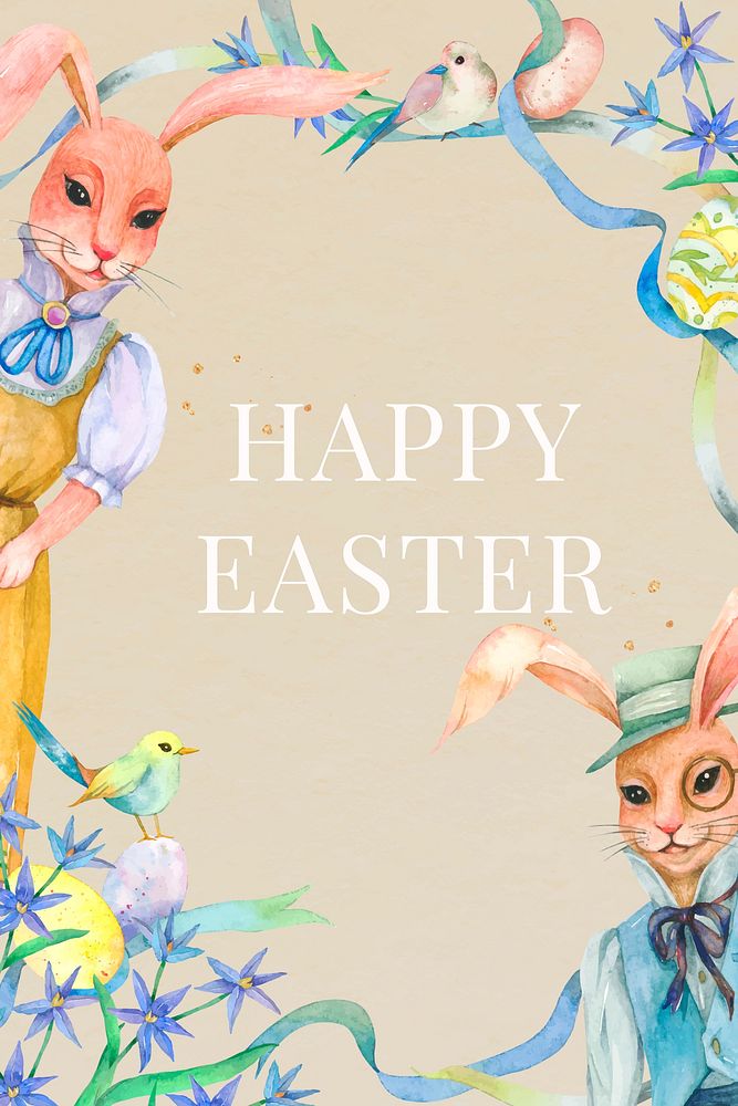 Happy Easter celebration brown watercolor greeting with bunny vintage illustration
