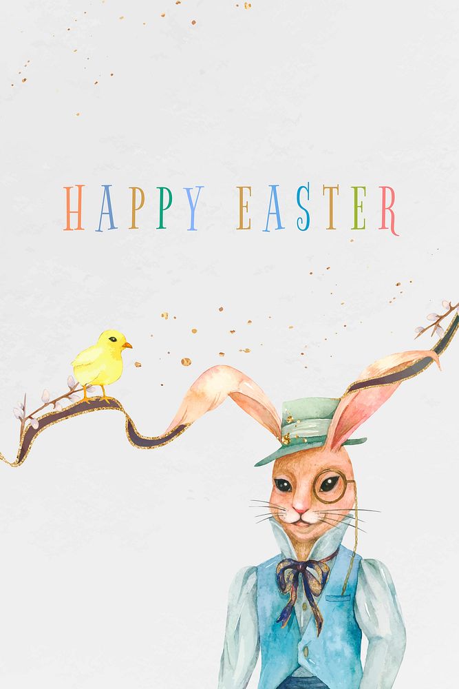 Happy Easter celebration gray watercolor greeting with bunny vintage illustration