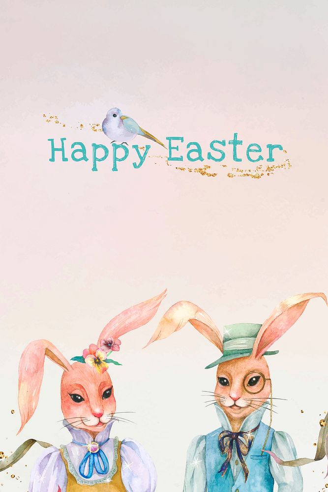Editable Happy Easter template vector holidays celebration watercolor greeting with bunny vintage illustration