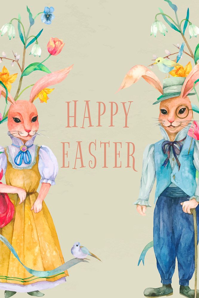 Happy Easter celebration green watercolor greeting with bunny vintage illustration