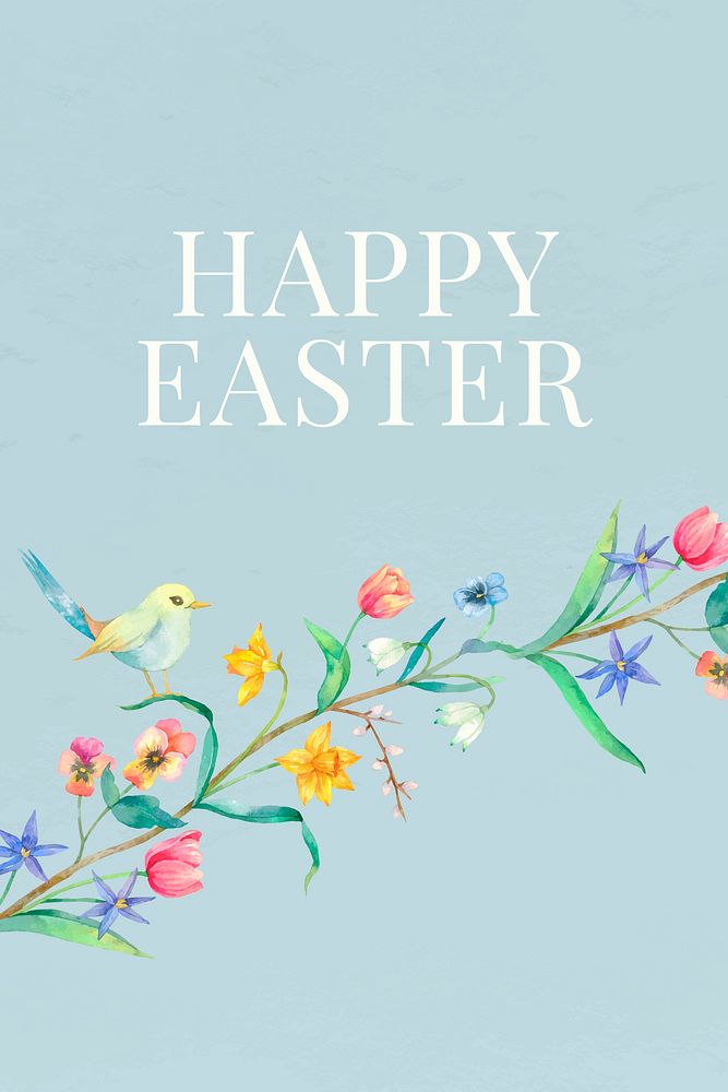Happy Easter greeting template vector vintage floral watercolor blue greeting banner