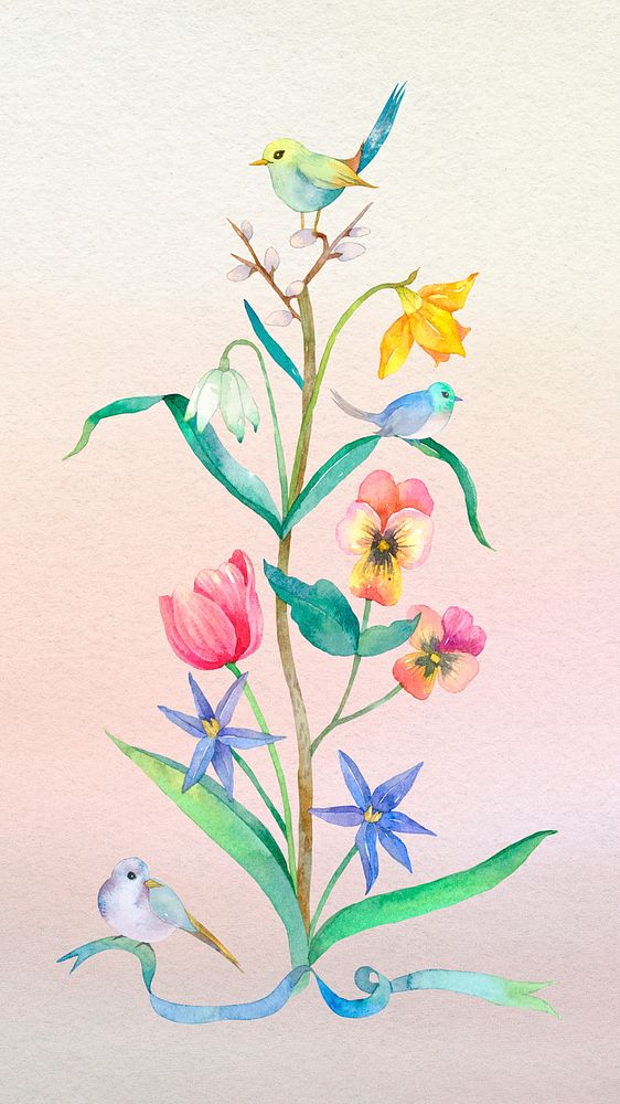 Easter spring flowers design element with little bird watercolor illustration
