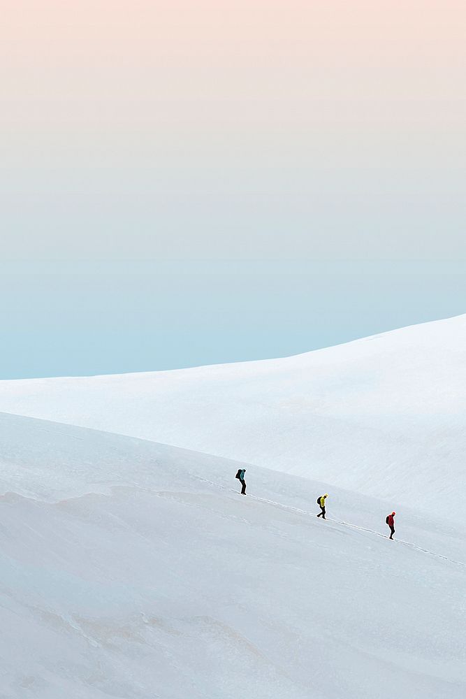 Creative background psd of minimal winter landscape with people hiking