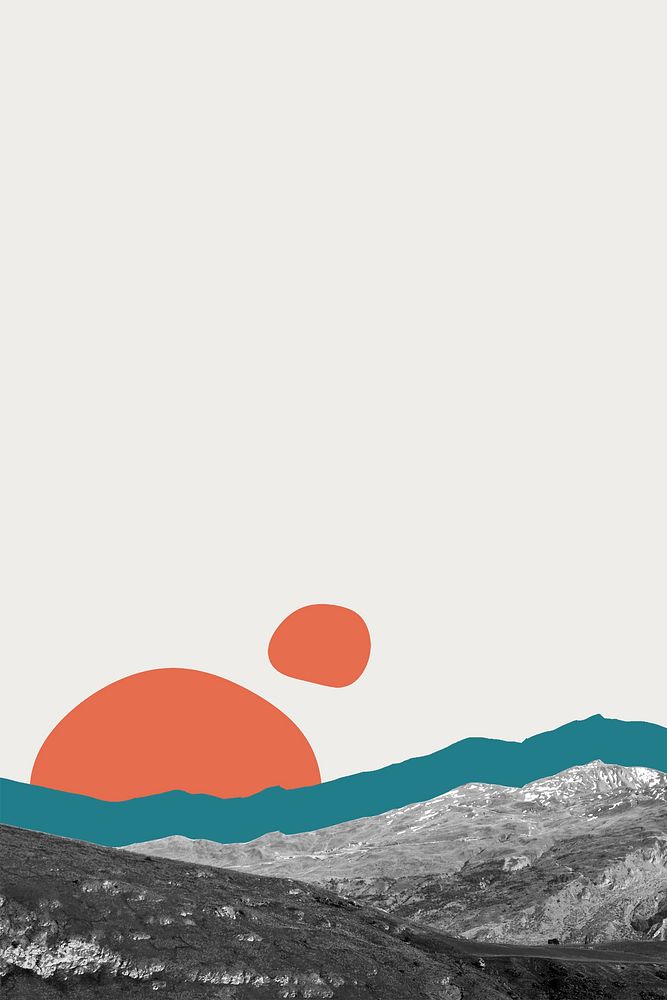 Creative background of abstract mountain range with sun remixed media design space