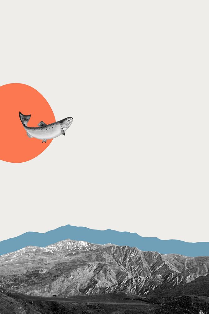 Creative background of abstract mountain range with sun and flying trout fish remixed media