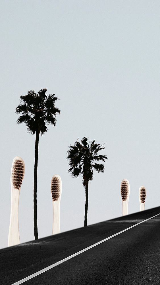 Creative wallpaper of long road to the moon with palm trees and toothbrushes