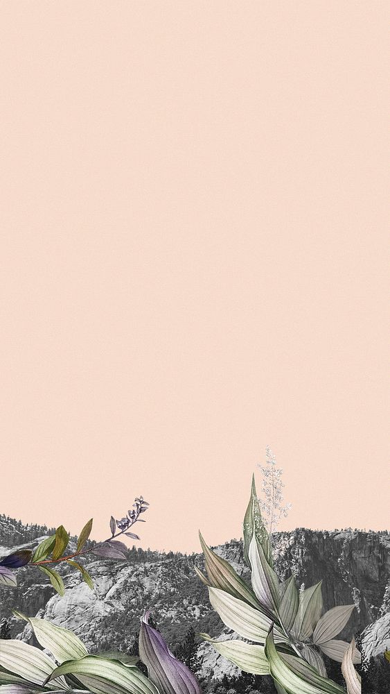 Mobile wallpaper of mountain range with botanical elements mixed media