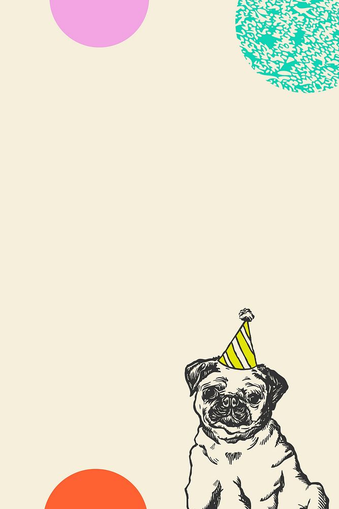 Cute birthday beige background vector with vintage pug dog in party cone hat