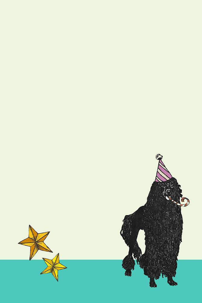 Cute birthday green background with vintage poodle dog in party cone hat