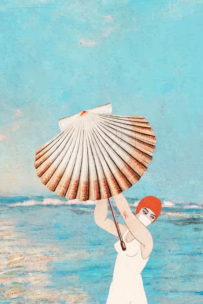 Sea background vector with vintage woman holding clam shell, remixed from public domain artworks