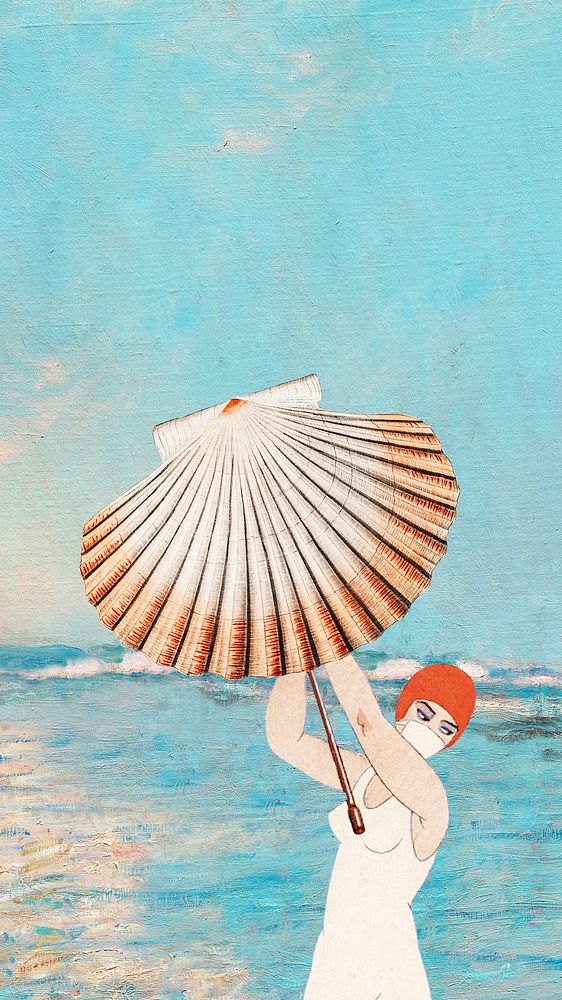 Vintage woman holding clam shell background, remixed from public domain artworks