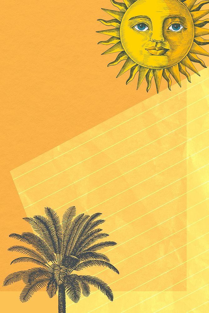 Paper background with sun and palm tree mixed media, remixed from public domain artworks