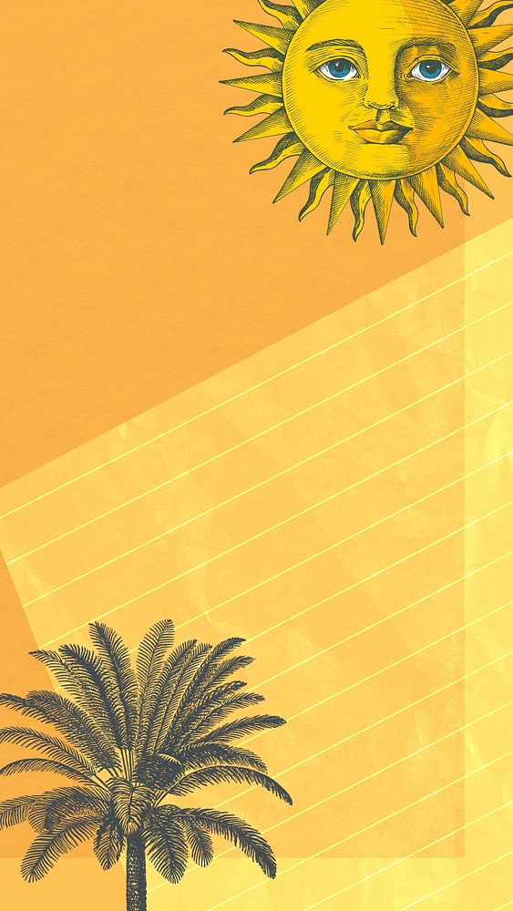 Paper background with sun and palm tree mixed media, remixed from public domain artworks