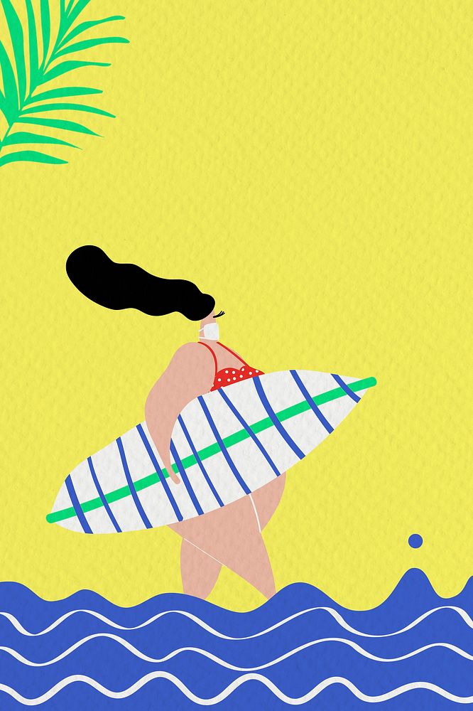 Woman holding surfboard background mixed media