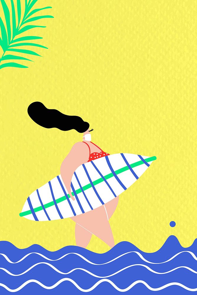 Summer background vector with woman holding surfboard