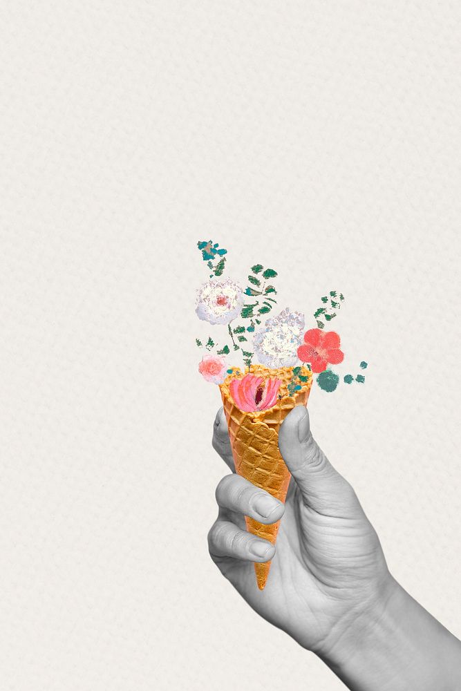 Hand holding floral cone background, remixed from artworks by Pierre-Joseph Redout&eacute;