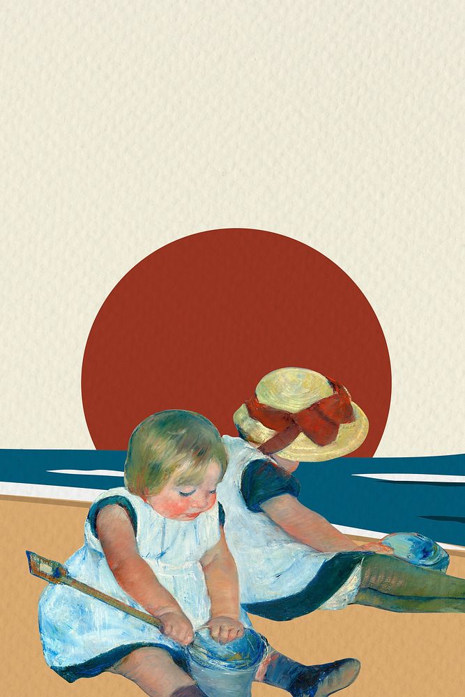 Beach background with children playing together, remixed from artworks by Mary Cassatt