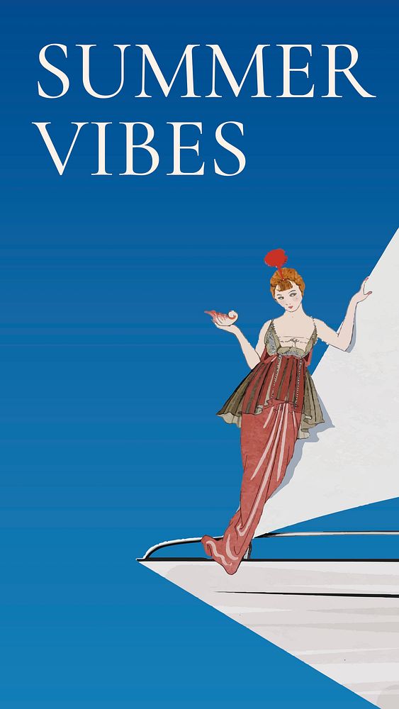 Summer vibes with woman on sailing boat, remixed from artworks by George Barbier