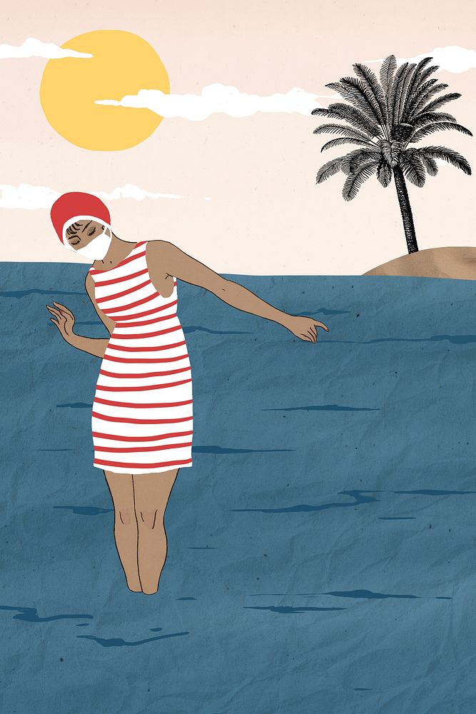 Summer background vector with woman enjoying at the sea, remixed from artworks by George Barbier