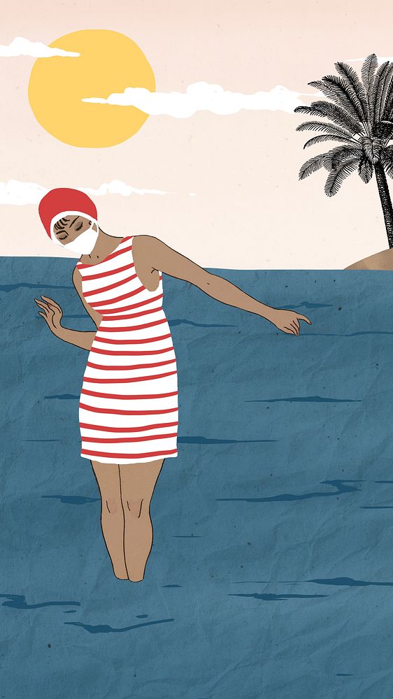 Retro woman by the sea background, remixed from artworks by George Barbier