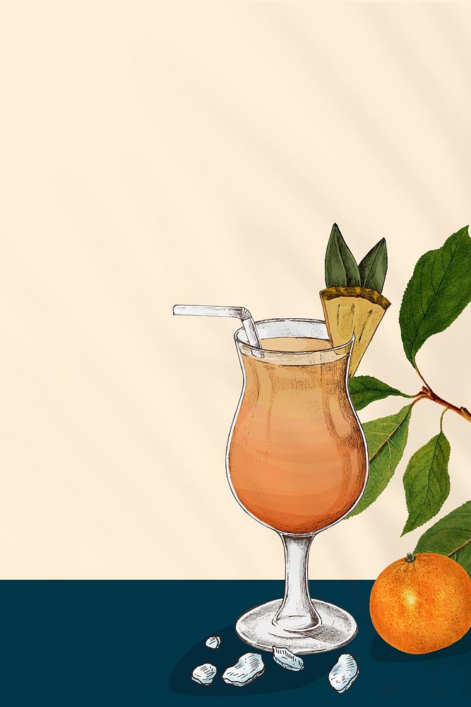 Orange juice background in a glass mixed media hand drawn illustration