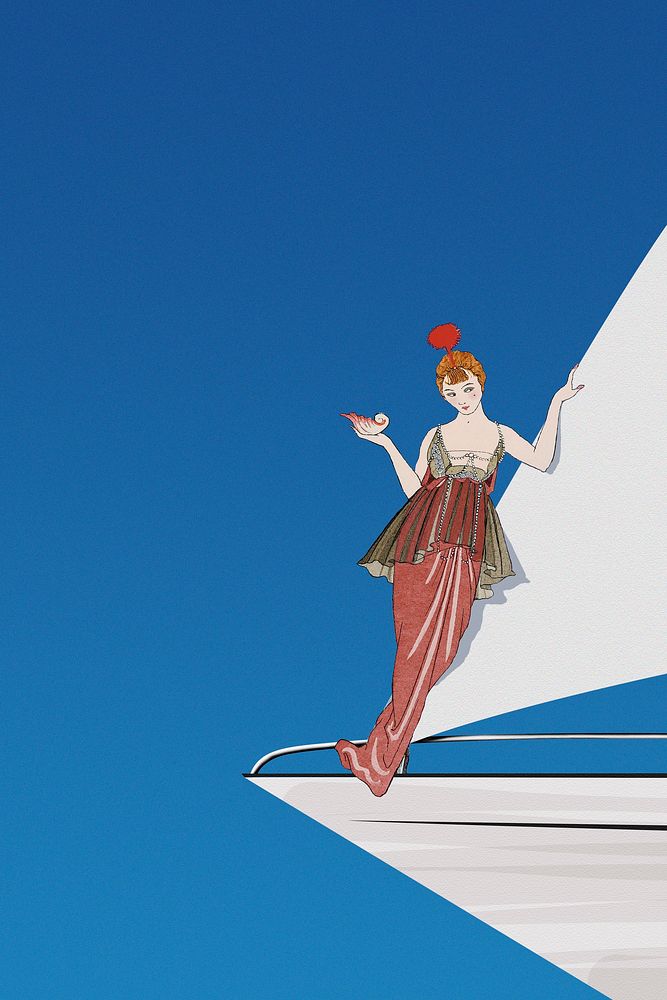 Vintage woman on sailing boat background, remixed from artworks by George Barbier
