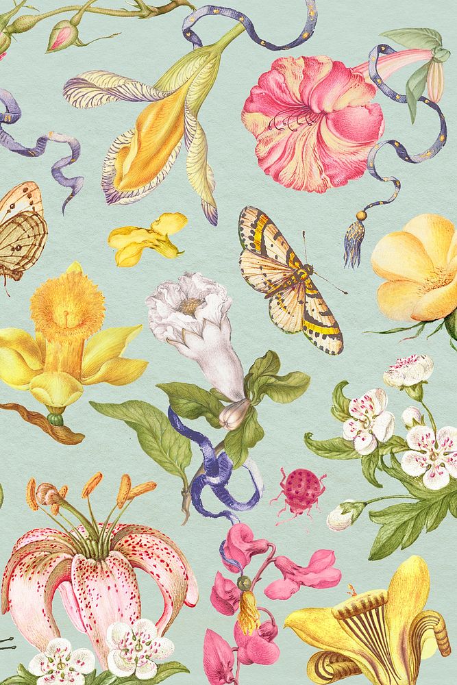 Colorful vintage floral pattern on green background, remixed from artworks by Pierre-Joseph Redout&eacute;