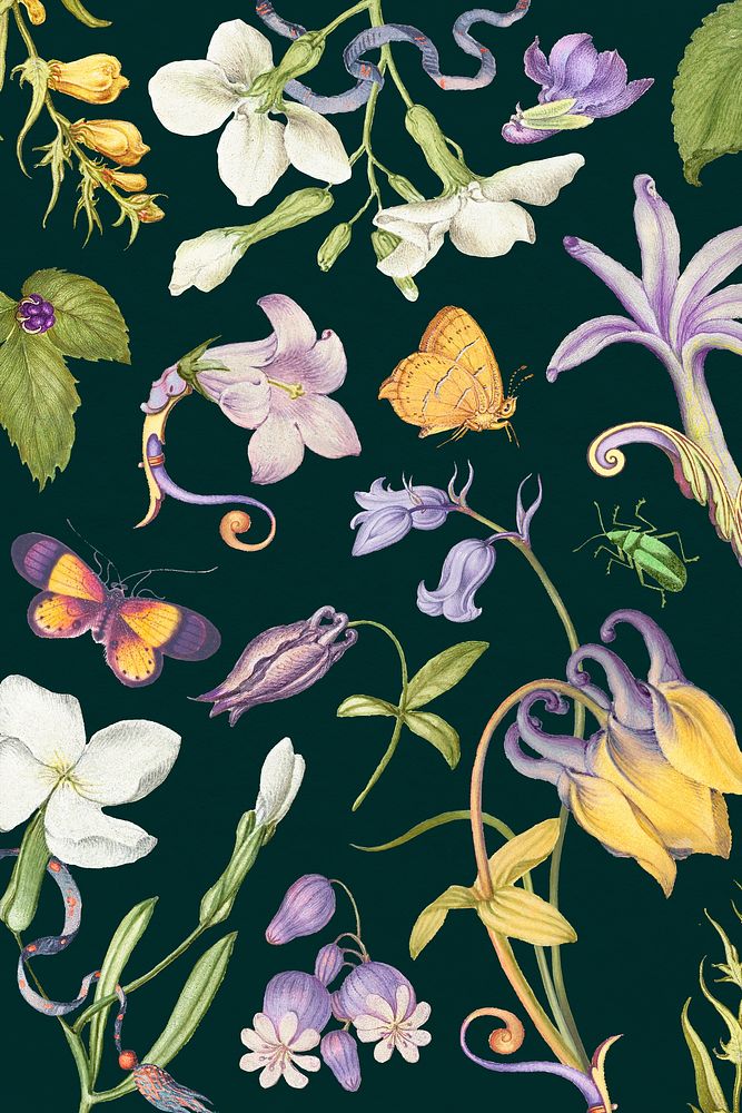 Aesthetic purple floral pattern on dark background, remixed from artworks by Pierre-Joseph Redout&eacute;