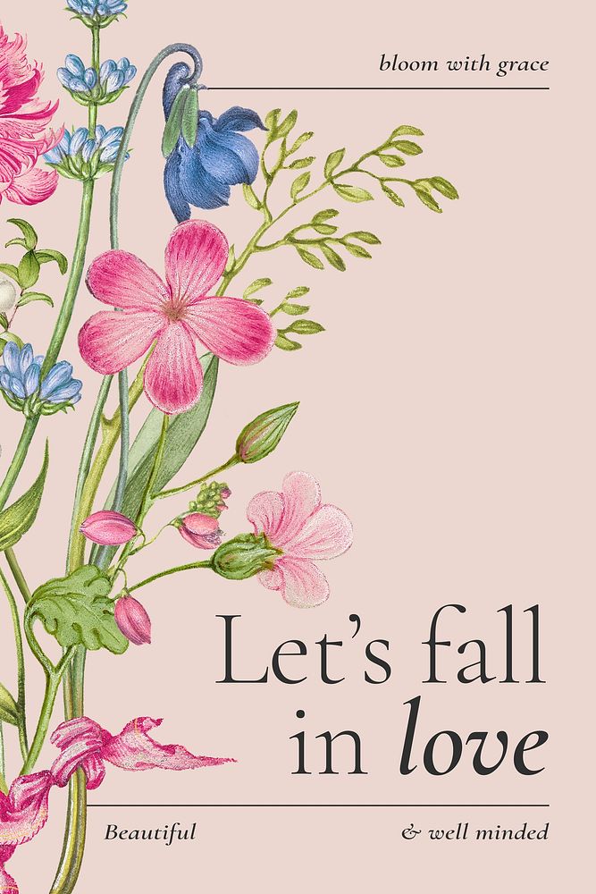 Aesthetic pastel floral poster with romantic quote let's fall in love