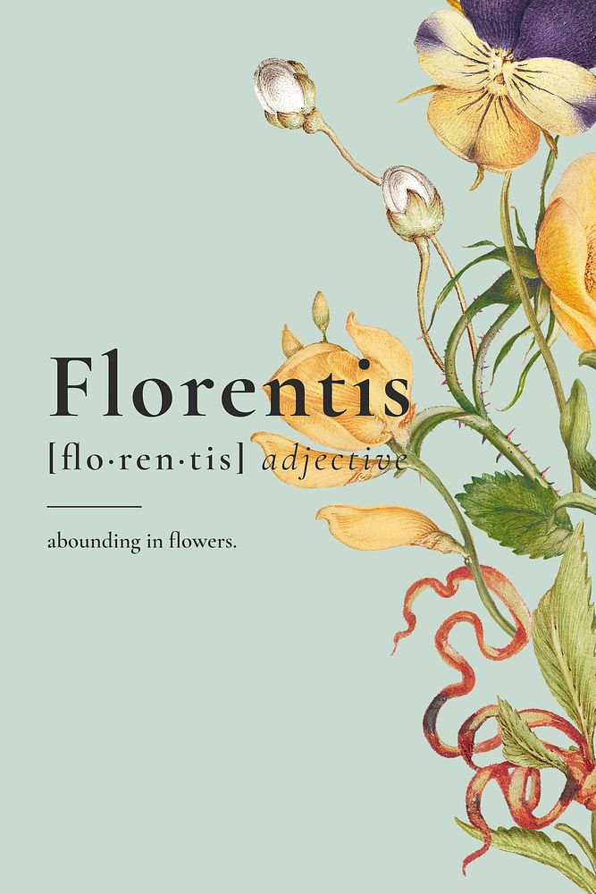 Green floral poster with florentis definition aesthetic word