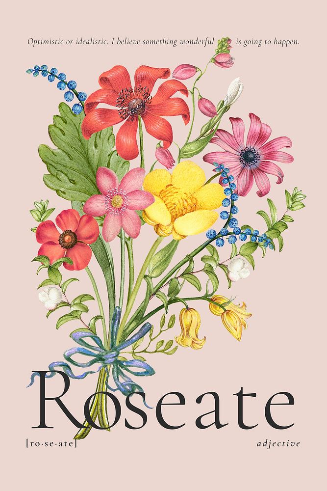 Pink colorful floral poster with roseate definition aesthetic word