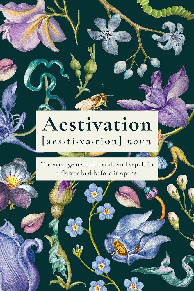Purple colorful floral poster with aestivation definition aesthetic word