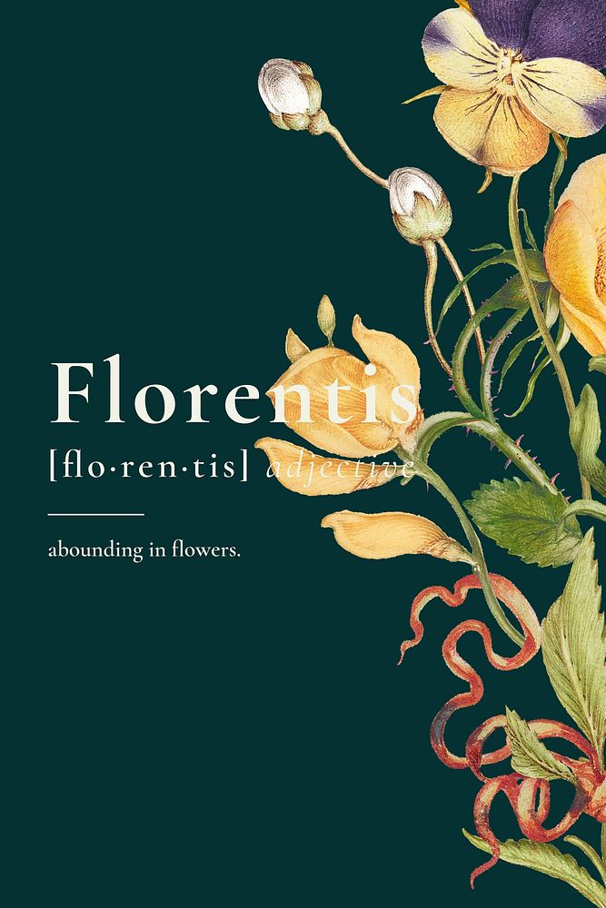 Green floral poster with florentis definition aesthetic word