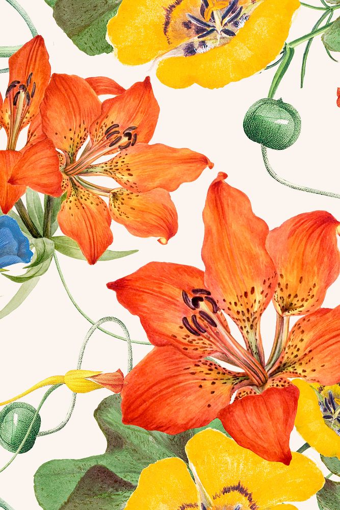 Hand drawn flower pattern background, remixed from public domain artworks