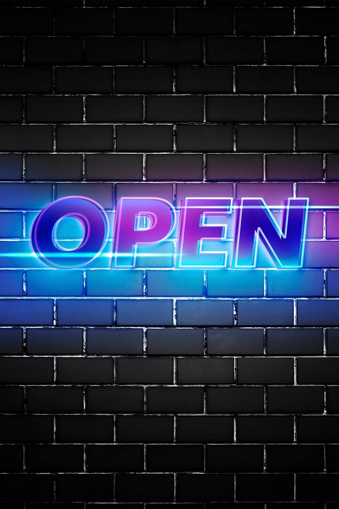 Open 3d glow typography on brick wall background