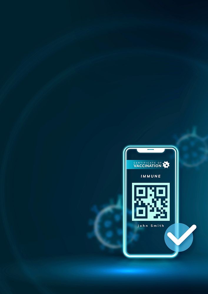 Covid-19 digital vaccine certificate vector with QR code border background in blue