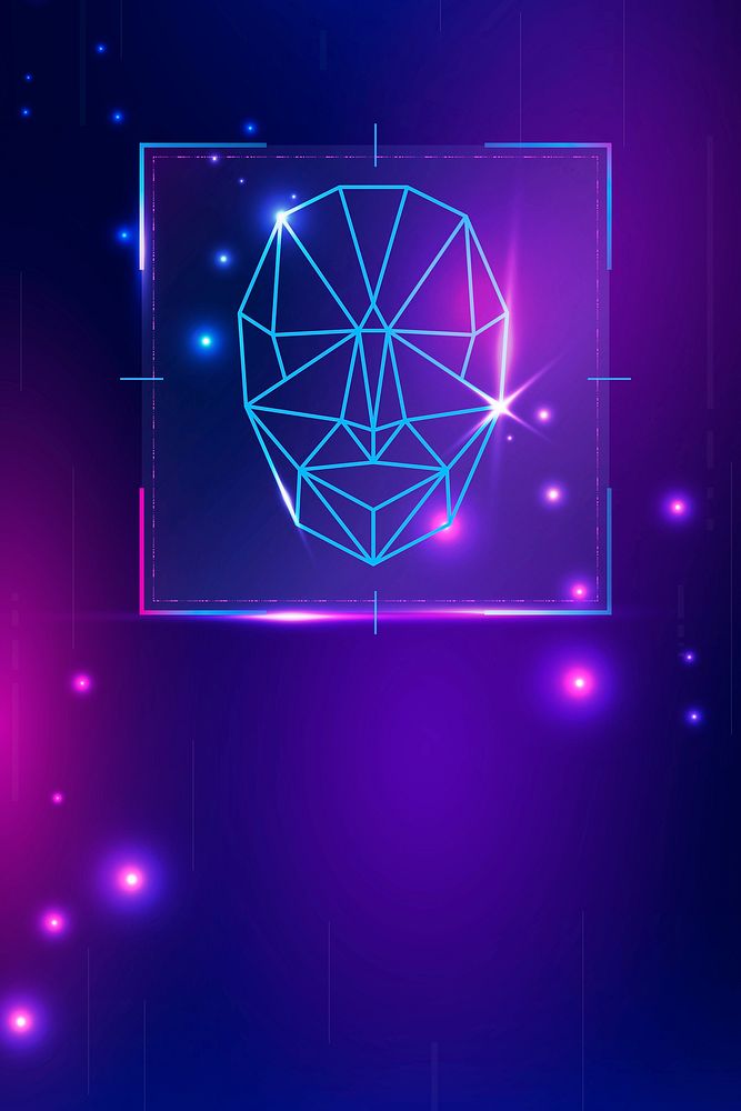 Cyber security technology background vector with facial recognition scanner in purple tone