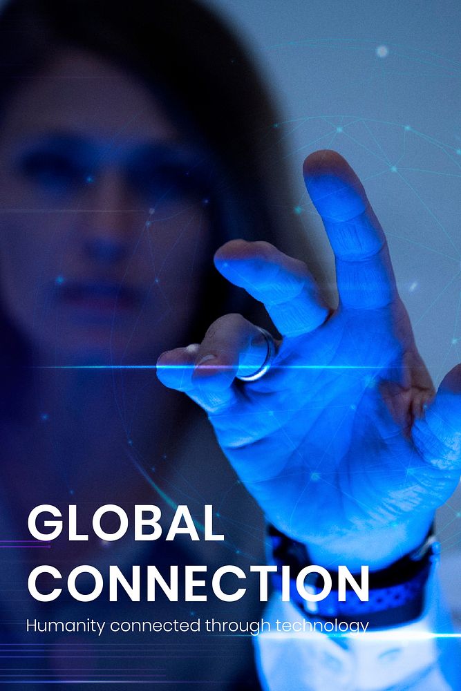 Global connection banner template vector with man touching virtual screen background