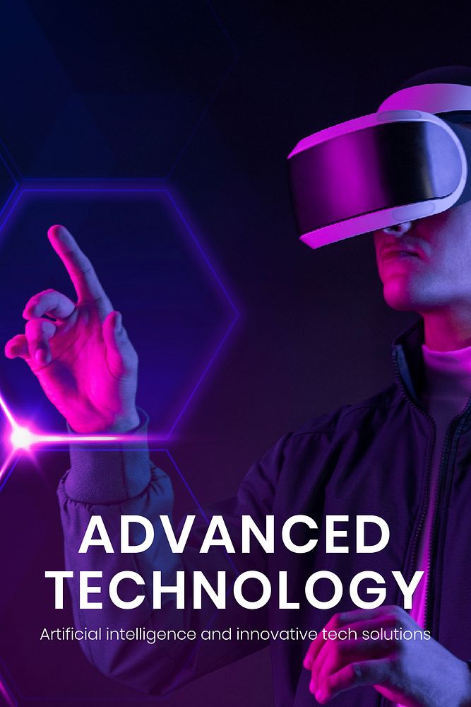Advanced technology banner template vector with man wearing VR background