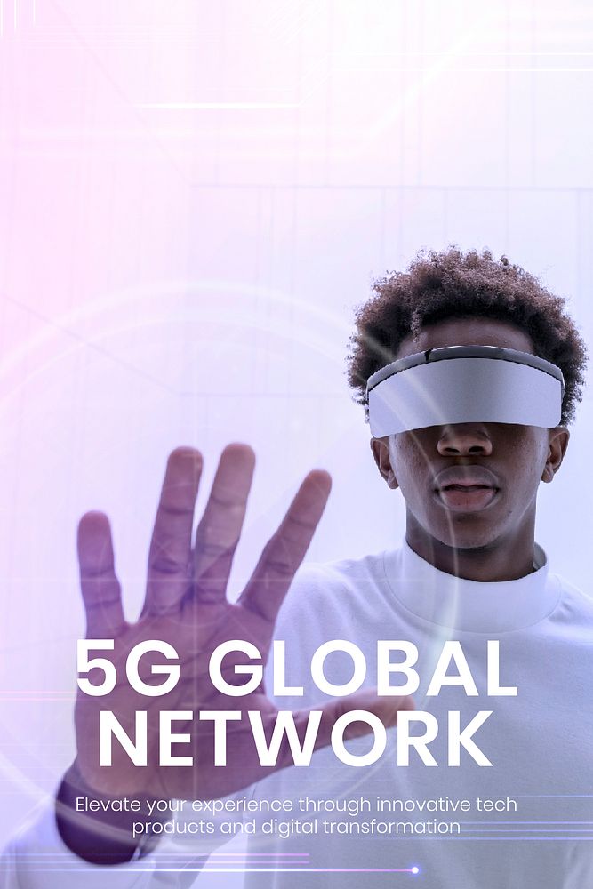 5G global network template vector with man wearing smart glasses background