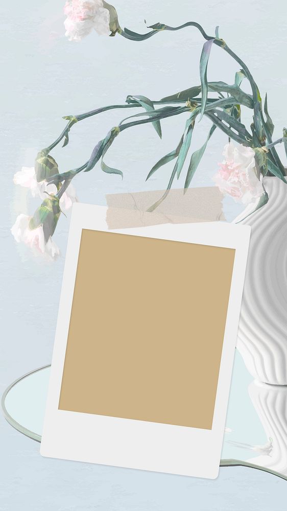 Instant photo frame vector, aesthetic flower background wallpaper